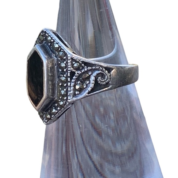 Vintage Art Deco Sterling Silver Black Onyx Marcasite Woman’s Ring Jewelry - Picture 4 of 7